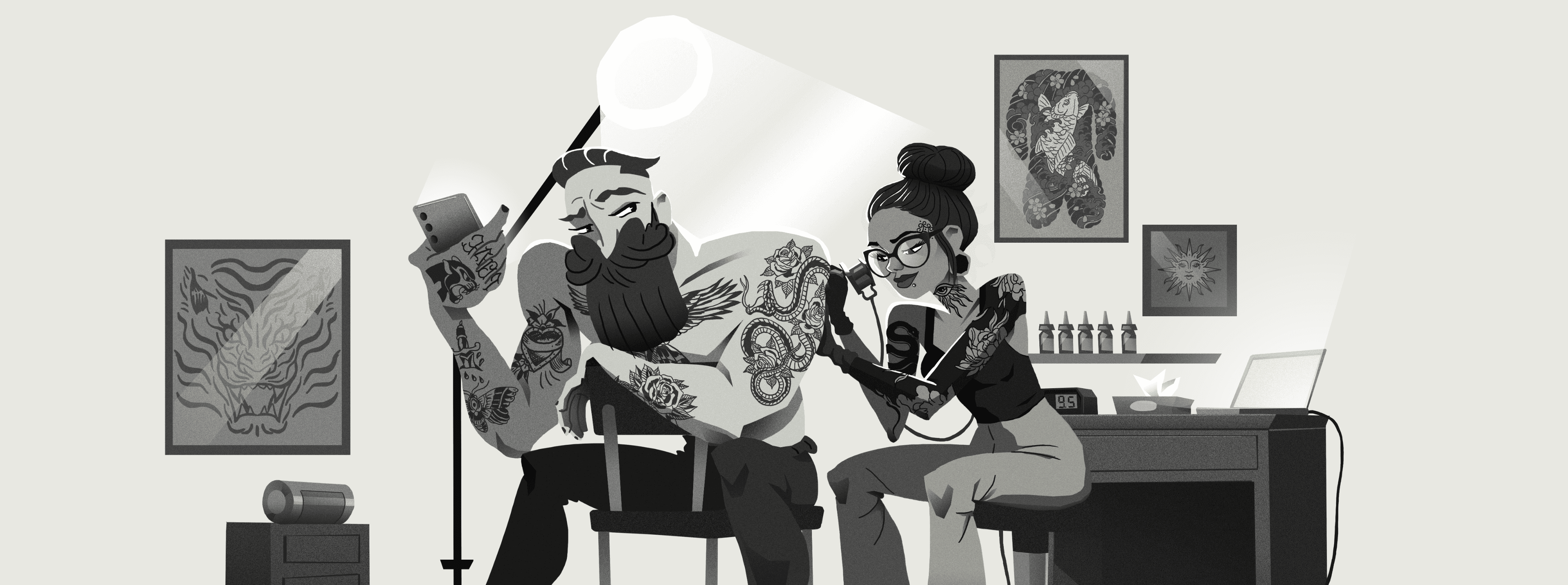 Ilustração de uma pessoa fazendo uma tatuagem na pele de outra.